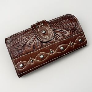 Vintage American West Tooled Leather Wallet Studded Western Brown Bifold Clutch